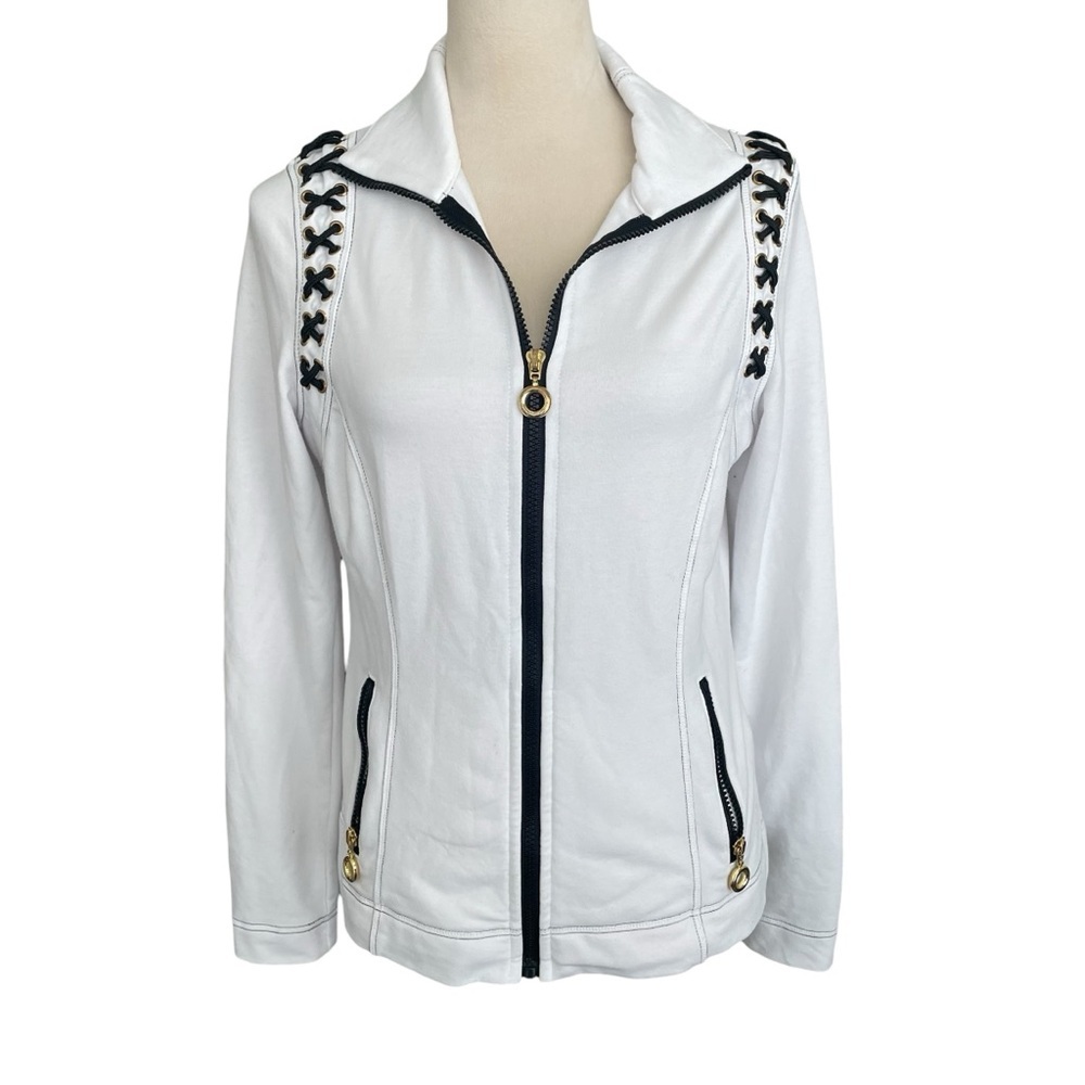 Boston Proper Sport White Zip-Up Jacket Women Sz‎ S Black Trim Active Athleisure